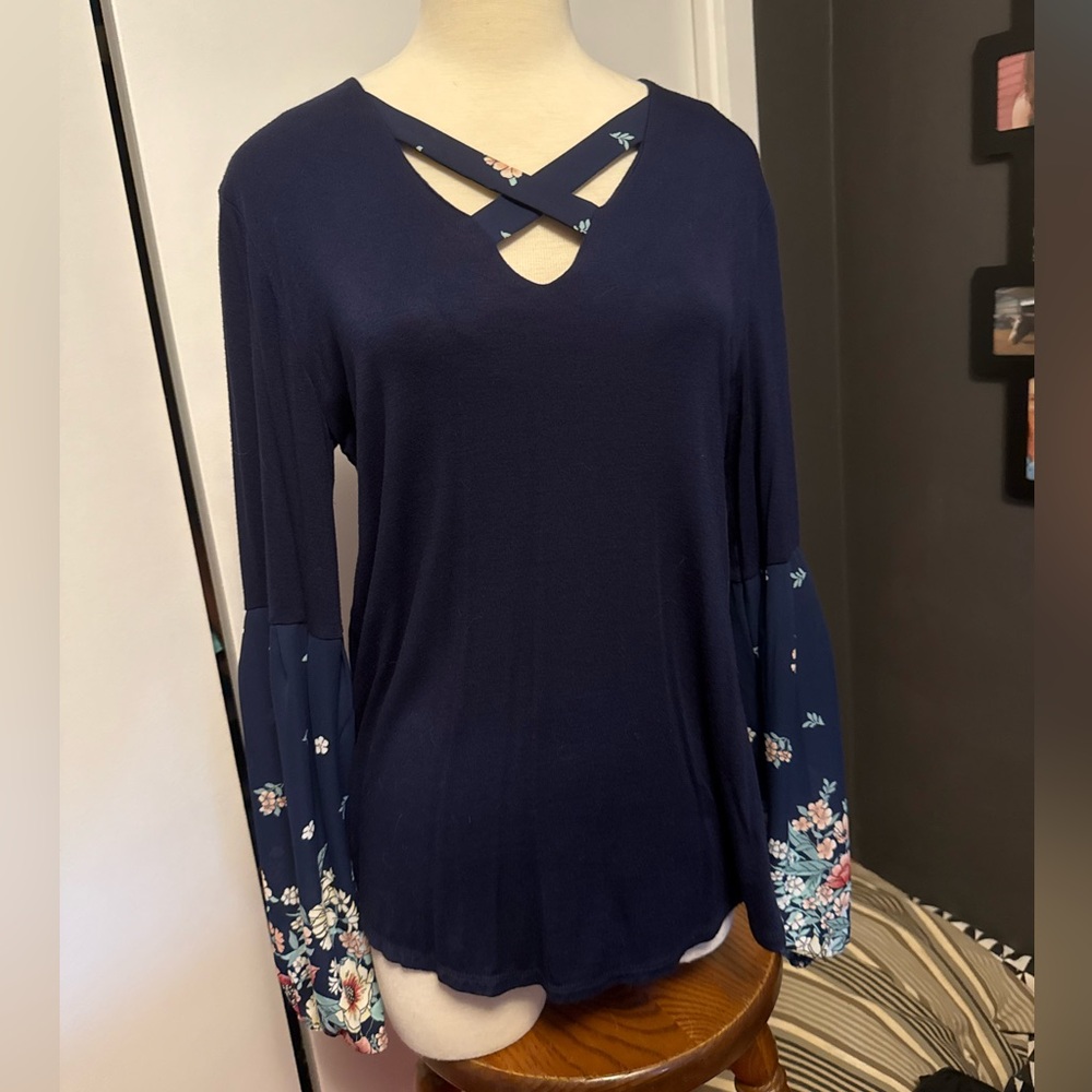 Floral Sleeve Navy Blouse